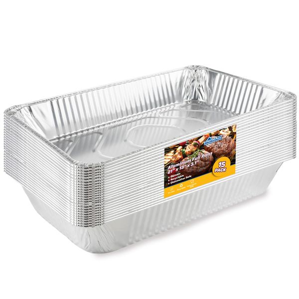 EHOMEA2Z Large Aluminum Pans (15 Pack) Full Size Deep Foil Disposable Durable Large Steam Table Pans for Baking Serving, Chafing Trays for Caterers, Bakeware 21 x 13 x 3