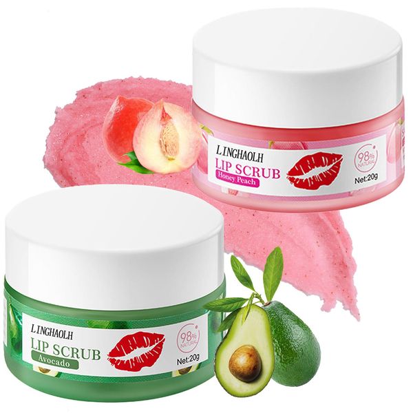 2PCS Lip Scrub Exfoliator,Gentle Lip Scrubber Exfoliator,Lip Exfoliator Scrub for Daily Lip Care,Lip Moisturizer for Nourishing Lip（Peach, Avocado）