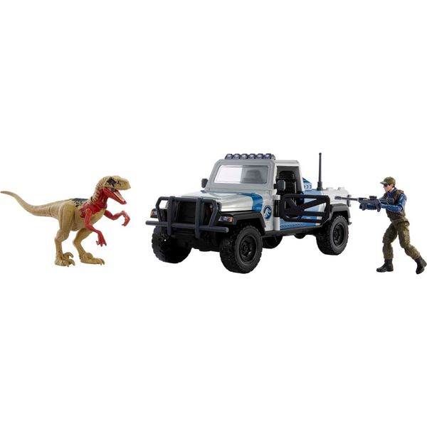 Mattel Jurassic World Search 'n Smash Truck Set with Atrociraptor Dinosaur & Human Action Figure, Vehicle with Destruct Features