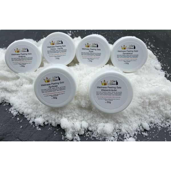 Dufte Momente Sauna Salz Peeling Probierset - 6 x 50g - Aprikose, Arabica, Kokos-Vanille, Rose, Sandelana, Wiesenkräuter - vegan - Meersalz mit Mandelöl Traubenkernöl Arganöl Sonnenblumenöl Vitamin E