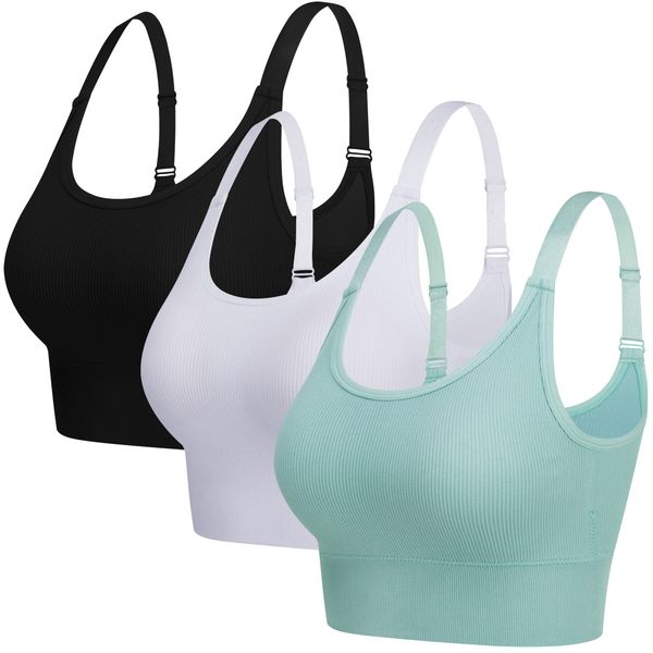 ANGOOL Sport BH Damen Starker Halt Push Up Einstellbarer Schultergurt Sport Bustier Damen Gepolstert Nahtlose Ribbed Sports Bras Ohne Bügel Joggen Yoga Fitness, Schwarz+weiß+grün, XL