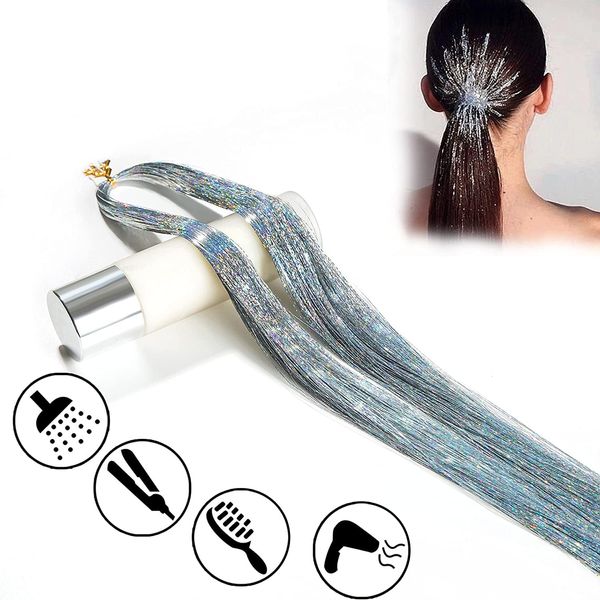 47 Inch Hair Tinsel 220 Silver Sparkling Highlights Synthetic Hair Streak BlingHighlights Glitter Extensions (silver)