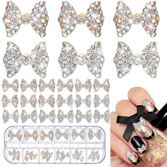 Maitys 24 Pieces Valentine's Day 3D Nail Bows Charms Christmas Rhinestones 3D Nail Charms Nail Bow Charms Alloy Pearl Bowknot Nail Accessory for Women Girls Nail Salon DIY Nail