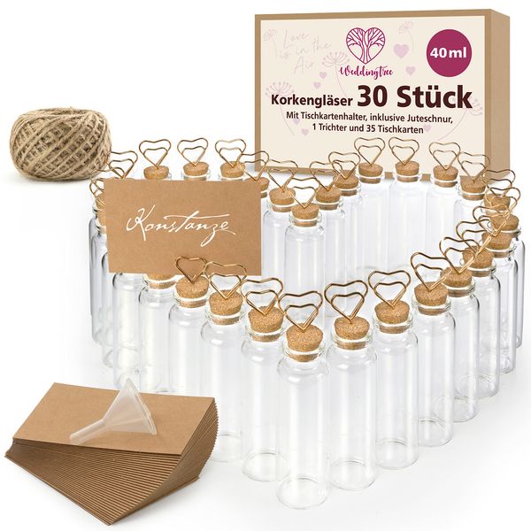 WeddingTree 30 x Tischkartenhalter Hochzeit Reagenzglas mit Korken 35 Tischkarten - Mit Drahthalterung Korken Juteschnur Trichter - Menükartenhalter - Tischdeko für Hochzeit - Bilderhalter