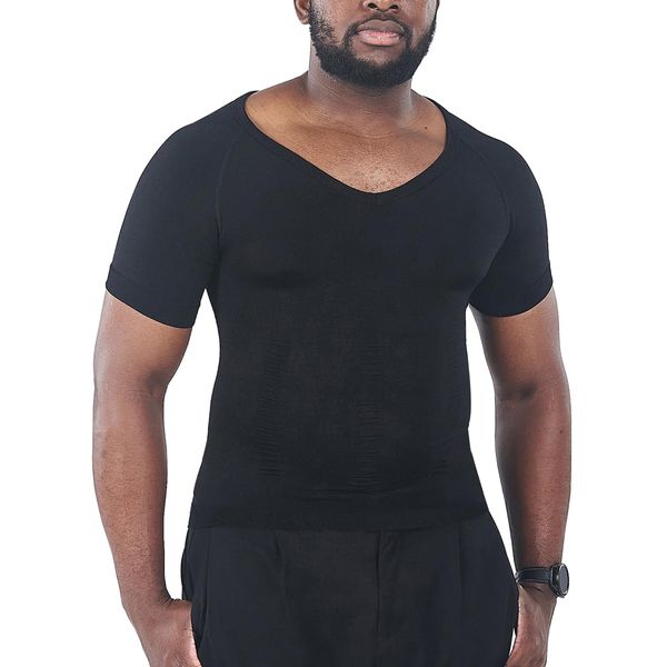 KOCLES Gynecomastia Compression Shirts for Men, Shapewear Slimming Body Shaper Undershirt, V-Neck Baselayer T-Shirt for Workout Sports, Fajas para Hombres (Black, XX-Large)