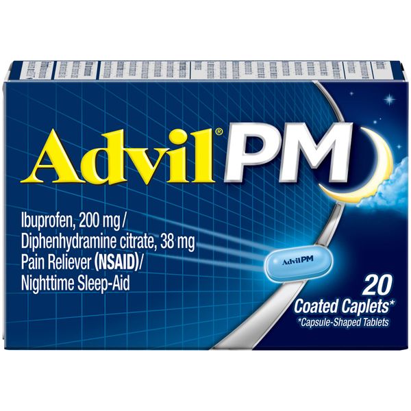 Advil PM (20 Count) Pain Reliever/Nighttime Sleep Aid Coated Caplet, 200mg Ibuprofen, 38mg Diphenhydramine