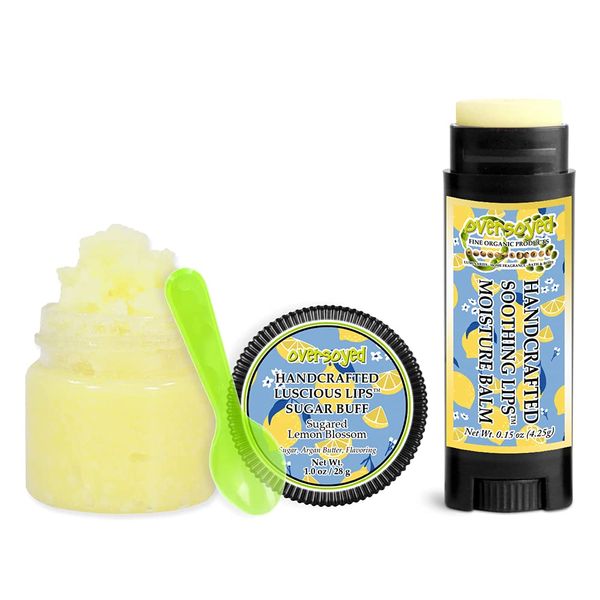 Sugared Lemon Blossom Soothing & Luscious Lips by OverSoyed Exfoliator & Chapped Lip Repair Lip Care Combo | Artisan Handcrafted to Order Sweet Lemon Citrus Orange Grapefruit Lime Flavored Exfoliating Sugar Lip Scrub & Lip Moisturizer Balm Gift Set