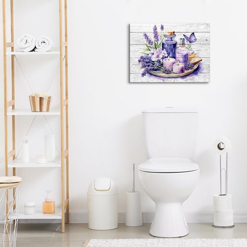 Lavender Canvas Wall Decor for Bathroom and Bedroom - Purple Modern Flowers Pictures With Butterfly and Candle - Wall Art for Kitchen and Office Decoration - 12"x16" Artwork