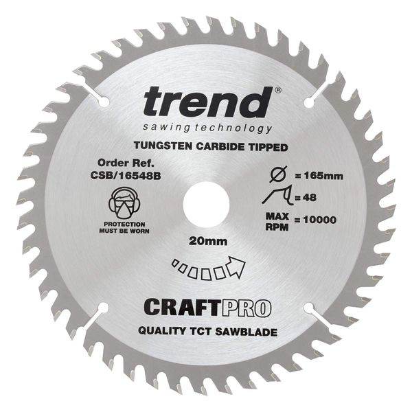 Trend CraftPro TCT Medium & Fine Finish Trimming Cross-Cutting Sawblade for Wood, 165mm Diameter, 20mm Bore, 48 Teeth, 2.2mm Kerf, +15° Hook, CSB/16548B