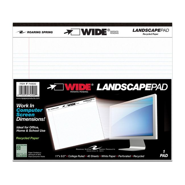 Roaring Spring Paper Products Wide Landscape Pads, 40 Sheets, 11 x 9-1/2 Inches, White (ROA74500)