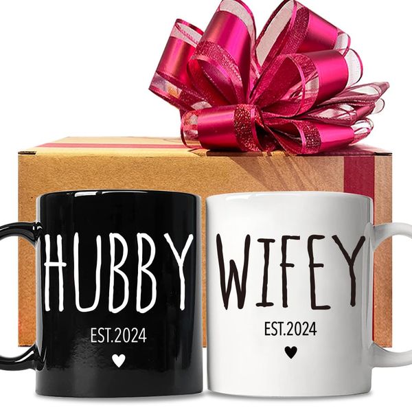 FALJIOK Est 2024 Hubby & Wifey Coffee Mugs Set, Wedding Gift for Couple, Bride Groom Mug Set, Newlywed Coffee Mugs Gift Set, Couples Coffee Mug Set, Mr & Mrs Bridal Shower Gift-93