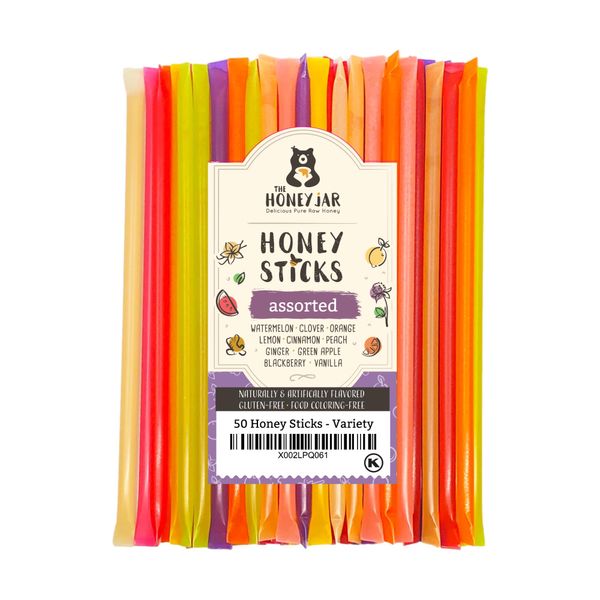 The Honey Jar Variety Pack Raw Honey Sticks - Pure Honey Straw For Tea, Coffee, or a Healthy Treat - One Teaspoon of Flavored Honey Per Stick - Made In The USA - (50 Count)