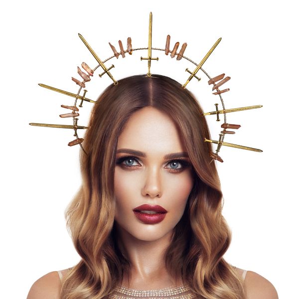 COSUCOS Halo Crown Headpiece Goddess Gold Spike Headband Virgin Mary Crowns Festival Headwear for Woman Greek Costume Crystal Tiara Photo Shoot Cosplay