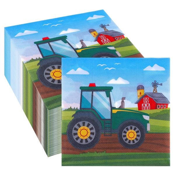 JIZZU Napkins Tractors Pack of 80, Square Tractors 17 x 17 cm, Party Tableware Party Table Decorations, Napkins for Children's Birthday Boys/Girls Birthday