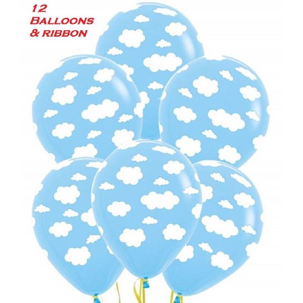 12 BLUE SKY WHITE CLOUD 11" Birthday Party Latex Balloons WITH RIBBON Toy Story