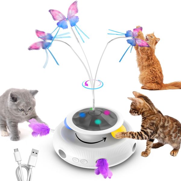 HETOO Cat Toys, 3-in-1 Interactive Cat Toy for Indoor Kitten with Feather Track Balls & Fluttering Butterfly,Moving Ambush Feather, USB Rechargeable Power Cat Toy For All Life Breeds Exercise