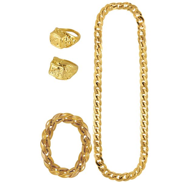 Lizzy® Adult Gold Gangster Chain and Bracelet with 2 Gold Rings | Adult Halloween Fancy Dress Gangster Costume Accessories