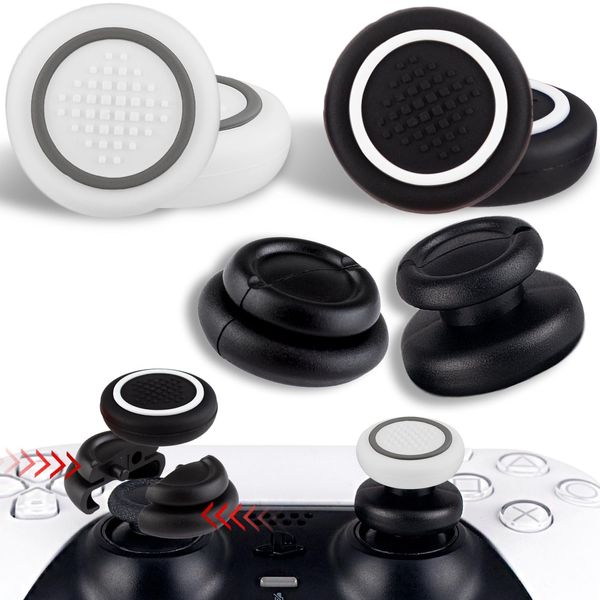 PlayRealm NO Falling Off Thumbstick Extender x 2 & Thumb Grip x 4 for PS5 & PS4 Controller (Black White Pack)