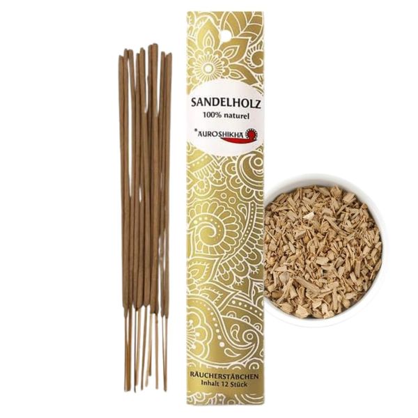 Sandelholz AUROSHIKHA Indische Räucherstäbchen 100% natürlich ohne Chemie und aus hochwertigen Ölen und Pulver Traditionelles Indisches Räucherwerk für Meditation, Raumreinigung Entspannung