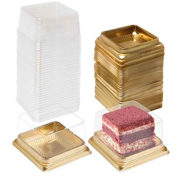 wexpw Single Clear Mooncake Box, 50 Pack Individual Mini Cupcake Boxes Container Plastic Transparent Mooncake Box Cake Cookies Muffins Box, Square Gold