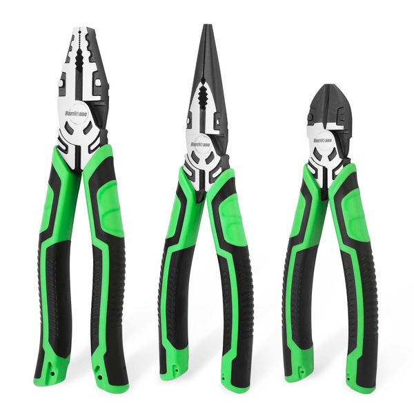 HURRICANE 3PCS Pliers Set, Heavy-duty Pliers Tool Set, with 8 Inch Linesman pliers, 8 Inch Needle Nose pliers and 6 Inch Diagonal Cutting pliers for Basic Repair