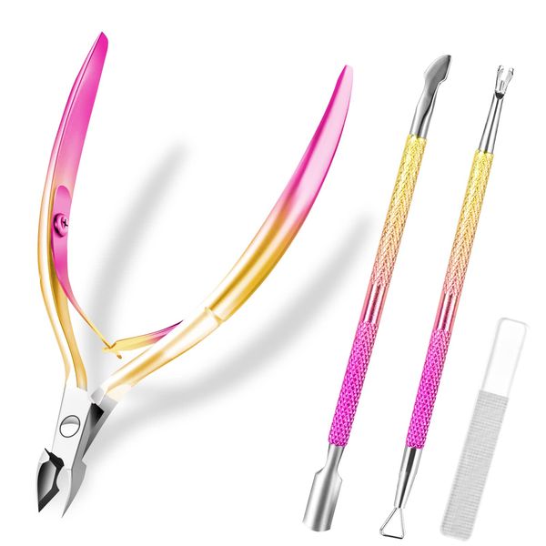 BQAN Cuticle Remover Set with Cuticle Cutter and Cuticle Pusher, Cuticle Nipper and Cutters, Nail Scraper, Dead Skin Clipper, for Fingernails and Toenails(Gold Pink)