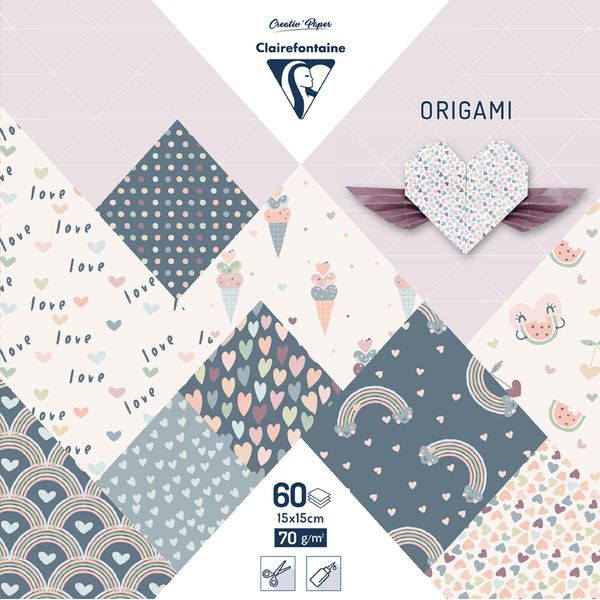 Clairefontaine - Ref 95356C - Origami Paper (Pack of 60 Sheets) - 15 x 15cm in Size, 70gsm Paper, Printed Design on Front & Plain Backs - Little Love Patterns