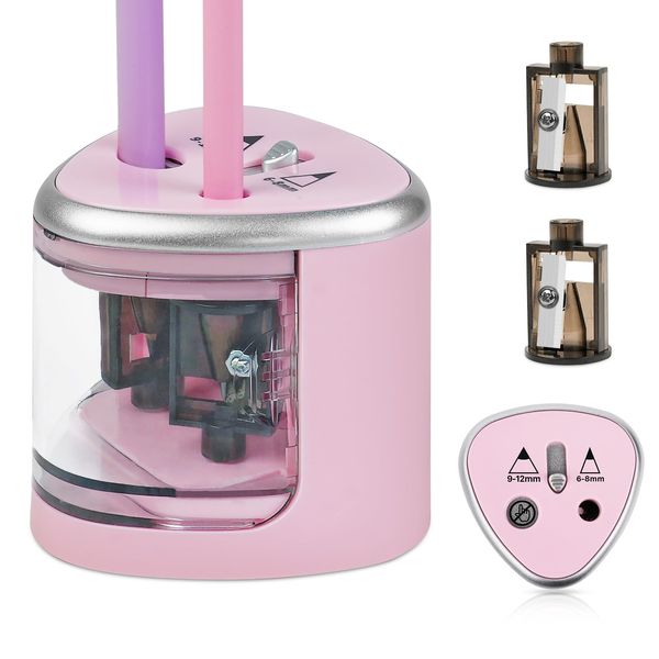 AUAUY Electric Pencil Sharpener with Double Hole, Battery Operated Automatic Sharpener with 2 Extra Knife Holders, for 6-8mm/9-12mm Standard Pencils, Colored Pencils, and Makeup Pencils（Pink）