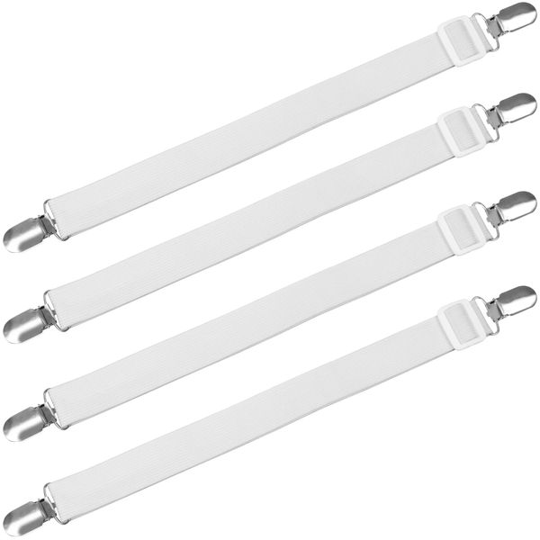 TRIXES White Bed Sheet Clips x4 – Suspender Style Strap Fasteners – For Flat & Fitted Sheets – Adjustable Elastic Strap & Metal Clip – Also Works for Ironing Board Covers