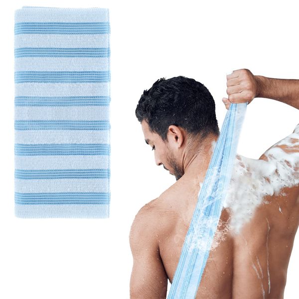 Sibba 1 PC Back Scrubber Cloth Loofah Shower Exfoliating Body Foot Scrub Brush Cleaning Shower Washer Towel Exfoliator Long Handle Hand Wash Massage Bar Soap Foams Up Bath(Blue)