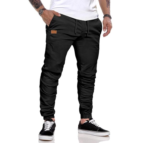 JMIERR Herren Hose Chino Cargo Hose Jogginghose Herren Baumwolle Sporthose Casual Freizeithose Elastische Taille mit Kordelzug Sweatpants Herren mit Taschen, Schwarz L