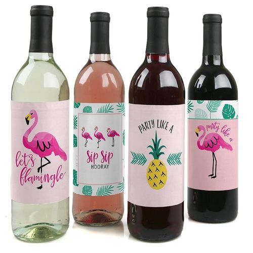 Pink Flamingo - Party Like a Pineapple - Tropical Summer Party Decorations for Women and Men - Wine Bottle Label Stickers - Set of 4
