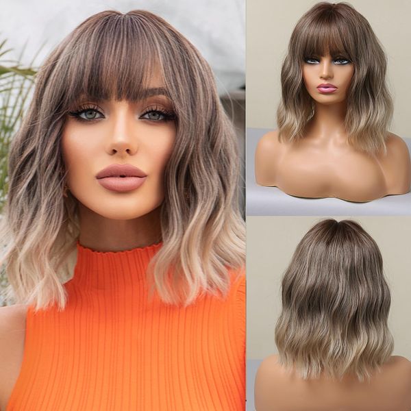 Allbell Brown to Blonde Wigs for Women Short Wavy Bob Wig with Bangs for Women Synthetic Short Curly Wave Wigs Heat Resistant Fiber Hair Wigs for Daily