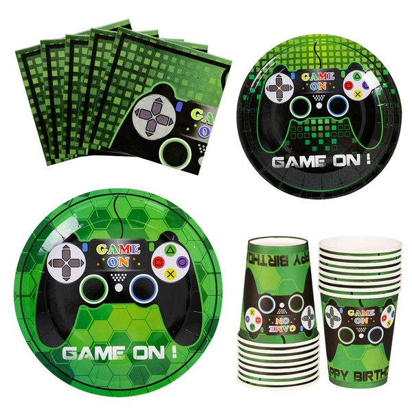 WERNNSAI Video Game Party Tableware Set - Gaming Party Supplies for Boys Birthday Disposable Paper Luncheon Dinner Dessert Plates Cups and Napkins Party Favors Serves 16 Guests 64 PCS