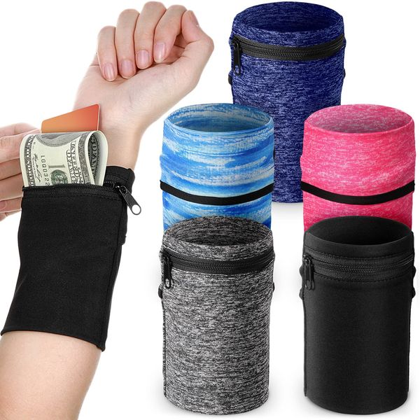 Honoson 5 Pieces Wrist Wallet Running Wallet Wristband Wrist Wallets for Women Men Wrist Pouch Zipper Wrist Wallet for Running Walking Hiking Jogging Travel (Dark Colors)