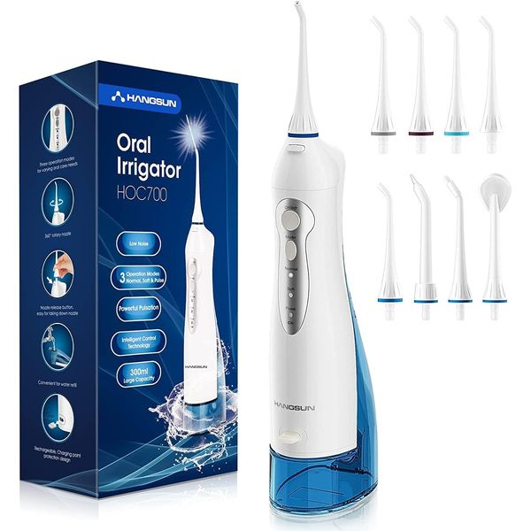 Hangsun Water Flosser Cordless Oral Irrigator Rechargeable Ultra Dental Water Jet HOC700 for Teeth Braces with Portable USB Charger 300ML Water Tank and 8 Jet Tips for Travel & Home Use