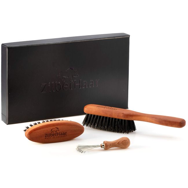 ZilberHaar Beard Brush Grooming Kit - Stiff Bristles Boar Bristles - Ideal for Medium to Long, Thick Beards - Distributes Balm & Oil for Growth/Styling - With Brush Cleaning Tool