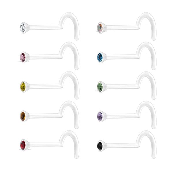 10pcs Clear Acrylic Nose Studs Screw Coloured Gem Retainer Piercing- 20G