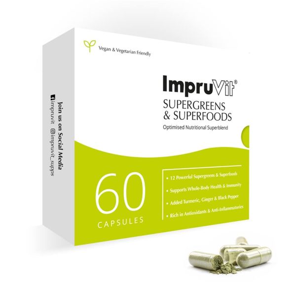 IMPRUVIT SUPERGREENS & SUPERFOOD CAPS 60 Vegan Capsules with Spirulina Turmeric Ginger Root Black Pepper Maca Root. Plant Based Antioxidant Anti-Inflammatory That Supports Whole Body Health & Immunity