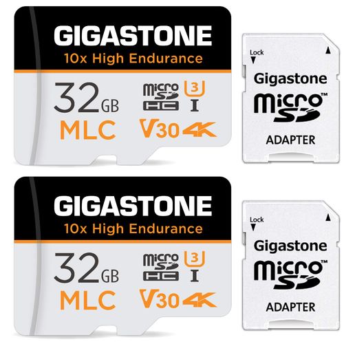 [10x High Endurance] GIGASTONE MLC 32GB Pack of 2 Industrial MicroSDXC Card with Adapter, 95/60 MB/s 4K Video Recording for Security Cam, Dash Cam, U3 V30 C10 [5-Year Free Data Recovery]