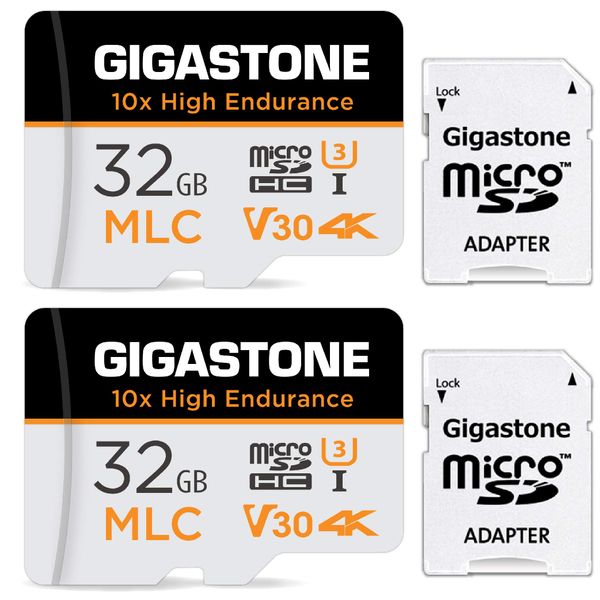 [10x High Endurance] Gigastone MLC 32GB 2er-Pack Industrial MicroSDXC Karte mit Adapter,95/60 MB/s 4K Videoaufnahme für Security Cam,Dash Cam,U3 V30 C10 [5-Jahre kostenlose Datenwiederherstellung]