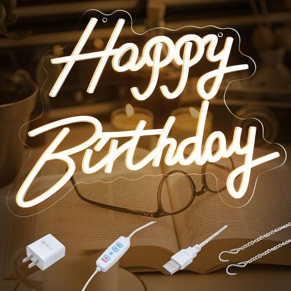 Giparan Happy Birthday Neon Sign with Dimmer,Happy Birthday Light Up Sign,Neon Happy Birthday Sign for Backdrop,LED Neon Sign Happy Birthday for Party Wall Decor (Warm White) Size:L16.9 H12.6 inch