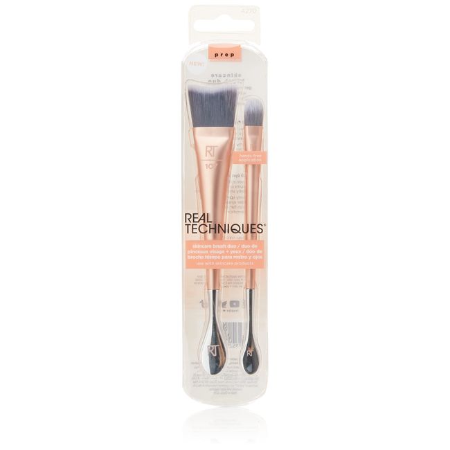 REAL TECHNIQUES Skincare Brush Duo for Hands Free Skin Care Application, Hygenic, Face Brush, Eye Brush, and Jar Scoop Made With Stainless Steel, Use With Serums, Creams, and Toners, 2 Piece Set, Pink