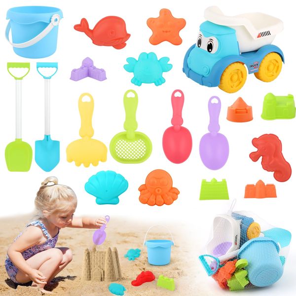 19 Pieces Beach Games for Children, with Bucket, Net Bag, Shovel, Sand Rake, Beach Sand Games, Sand Moulds for Children 1 2 3 4 Years Boys and Girls