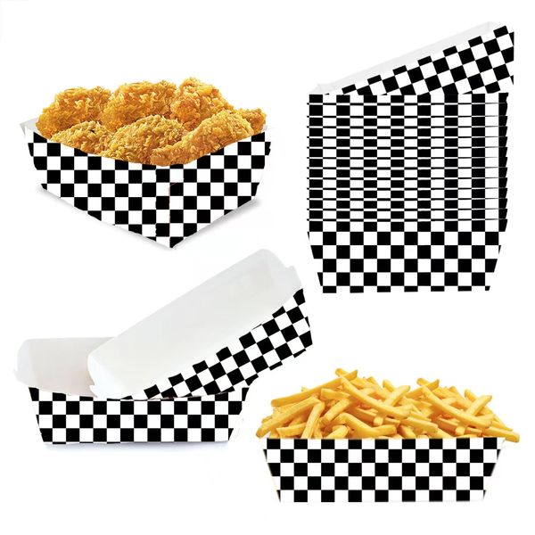 50 Packs Black and White Checkered Paper Food Trays Race Car Birthday Party Supplies Racing Car Party Supplies Checker Nacho Trays Paperboard Tray Racing Flag Hot Dog Food Trays