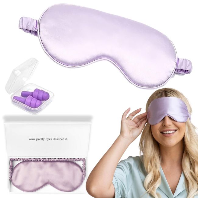 ZEESTER Silk Sleep Mask and Noise Cancelling Silicone Earplugs for Deep Restful Sleep | Pure Mulberry Silk Eye Mask and Reusable Ear Plugs for Sleeping | Ideal Travel Accessories & Gifts (Purple)