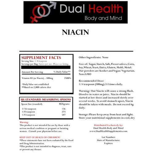Niacin Powder (4 oz) Vitamin B3 Bulk Supplement Immediate Release Niacin with Flush Nicotinic Acid Non-GMO, Vegan, Gluten Free Company Fast Absorption No GMOs, Fillers, Additives or Heavy Metals