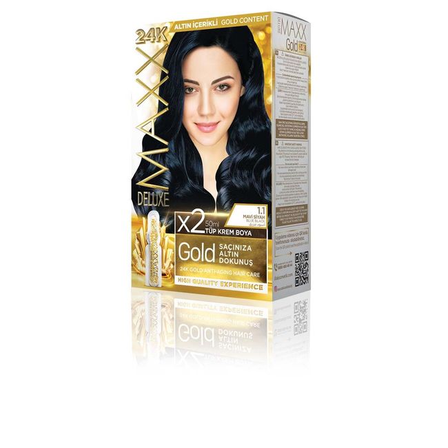 MAXX DELUXE Gold serisi 24K Altın Parçacıklı Serum ile 1 Kutu 2 x 50 ml ve Geliştiriciler Saç Boyası (MAVİ SİYAH 1.1)