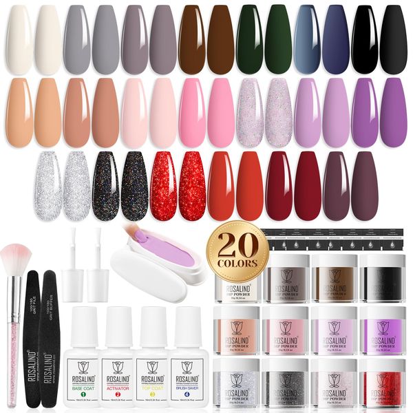 ROSALIND 29PCS Dip Nails Powder Starter Kit, 20 Colors Dip Powder Nail Kit Red Pink Black Glitter Series Nail Dip Powder Colors Set with Base & Top Coat, Brush Restorer and Activator All-in-One Kit