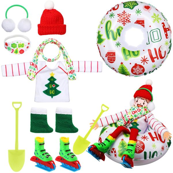 Jenaai 9 Pcs Christmas Elf Doll Accessories Set Christmas Elf Clothing Includes Ear Muffs, Scarf, Sweater, Boot, Inflatable Snow Tube, Mask, Hat, Ice Skates, Shovel for Doll Decor, Xmas Tree Style